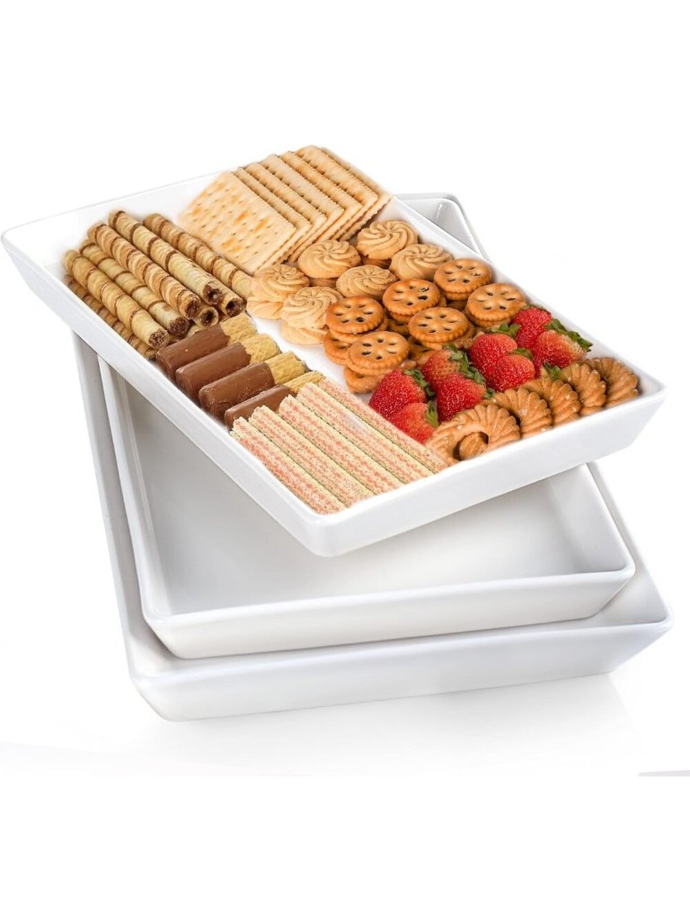 Set of 3 Large Rectangular Serving Trays - 16/14/12 Inch White Platter for